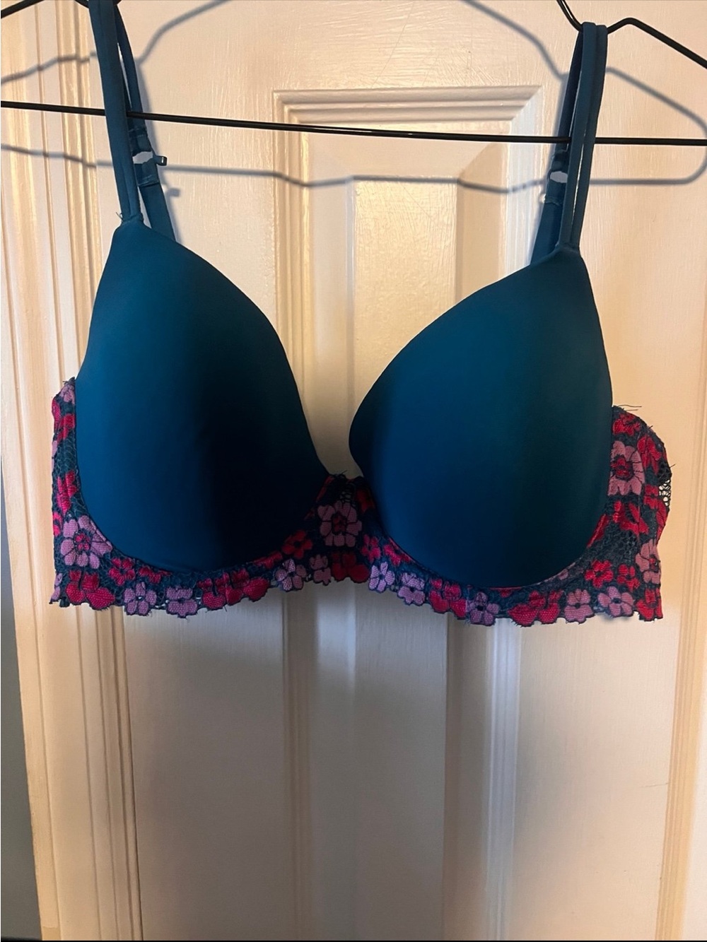 No Boundaries Teal Push-Up Bra with Pink & Red Floral Lace